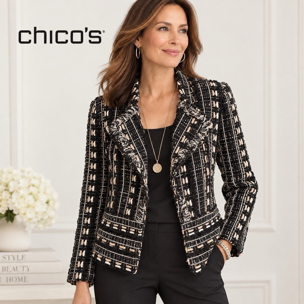 Chico's Size 2 Tweed Blazer Jacket Black Cream Fringe Textured Career Chic Large